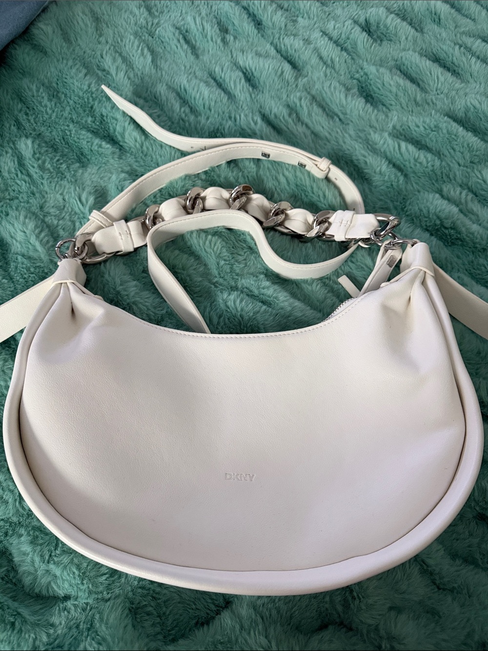 DKNY White Leather Crescent Shoulder Bag with Chain Accent